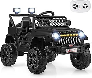 GYMAX Kids Ride on Car, 12V Battery Powered Toy Car with Remote Control, Lights, Music, Horn, Bluetooth, USB, Shock Suspension and Slow Start, Children Electric Off Road Truck for 3 Years Old+ (Black)