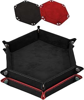 SIQUK 2 Pieces Dice Trays Hexagon Dice Folding Tray PU Leather Velvet Holder for Table Games RPG, DND, Black and Red