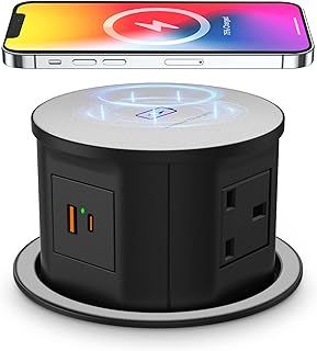 Automatic Pop up Power Socket with 15W Wireless Charger,Pop up Plug Extension Socket Safe with PD 20W Type C Port,4 Way Outlets Tower Extension Lead,4.7'' Hole Pop Up Outlet for Kitchen Worktops