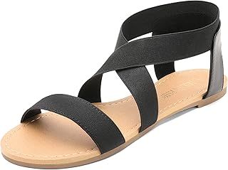 DREAM PAIRS Women's Elastic Ankle Strap Flat Sandals Summer Dressy Shoes Cute Strappy Gladiator Sandals ELATICA-6