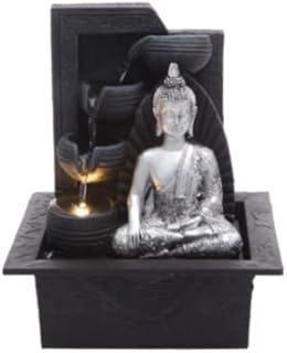 Silver Buddha with Water Bowls | Indoor Water Fountain with LED Light | Dimensions: 21 * 17.5 * 25 Cm | 3 Pin UK Plug Included |