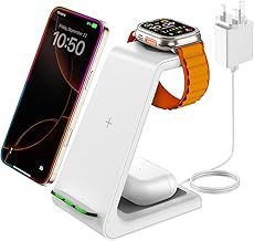 GEEKERA Wireless Charger, 3 in 1 Wireless Charging Station for iPhone 16/15/14/13/12/11/Pro Max/X/8, Phone and Watch Charger Stand for Apple Watch Ultra/10/9/8/7/6/5/4/3/2/SE, AirPods Pro/4/3/2-White
