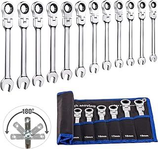 12pcs Flexible Ratchet Spanner Set, 8-19mm Metric Ratchet Spanner Sets, Cr-V Flex Head Wrench Tool Kit, Combination Wrench Set with Roll Bag