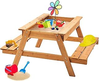 Garden Games Sandpit Picnic Table with Lid and Weather Cover – Children’s 1.2 Wide Wooden Bench Sandbox