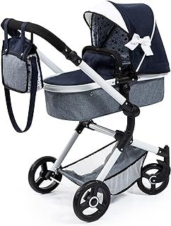 Bayer Design 18481AB Combi Doll's pram Neo Vario with Bag and Shopping Basket, Convertible into a Stroller, Height Adjustable, Blue, White