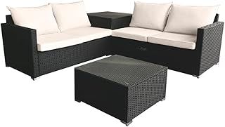 Panana 4 Seater Rattan Furniture Set Lounge Corner Sofa Set with Storage Cabinet, Coffee Table, Furniture Cover for Garden Patio Outdoor (Black Wicker with Beige Cushions)