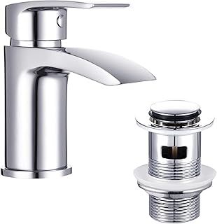 Basin Taps Mixer Waterfall Bathroom Sink Tap Mixers Mono Chrome with Pop up Waste Brass Single Hole Monobloc with Hoses G1/2'' Modern Round