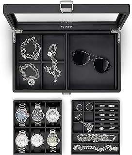 Vlando Watch Box with 10 Slots, 2-Tier Watch Display Case with Glass Lid, Removable Watch Pillows, Mens Jewellery Box, Gift for Loved Ones