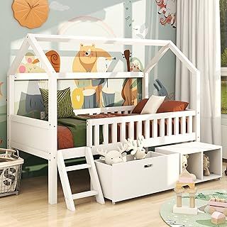 Merax Kids Bed Household, Toddler Bed Frames with Stairs, Drawers and Storage Compartments, Cabin Bed with Anti-Fall Railings, Mid Sleeper Beds for Children and Teens, Single Bed 90 X 190 cm, White