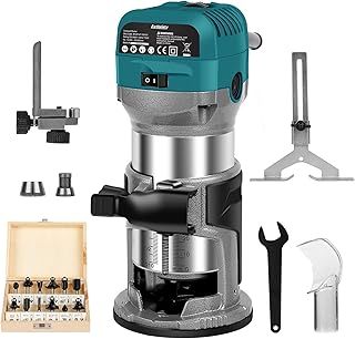 6.5-Amp Wood Router Tool, 1.25 HP Compact Trim Router with 6 Variable Speed, Fixed Base, 12 Wood Router Bits, 1/4" & 3/8" Collets, Edge Guide, Roller Guide, and Dust Hood