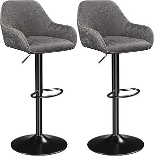Yaheetech Bar Stools Set of 2, Height Adjustable Swivel Barstools, PU Leather Upholstered Bar Chair with Backrest, Armrests and Footrest for Home Kitchen, Grey