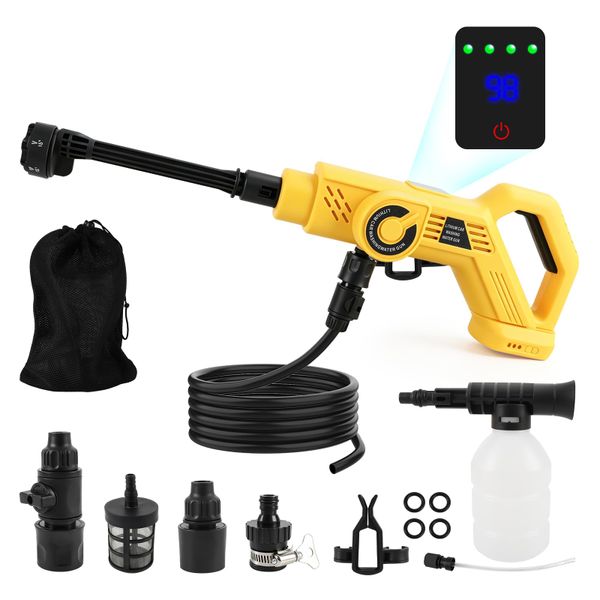 Cordless Pressure Washer for Dewalt 18/20V, 68 Bar/990 PSI Portable Power Washer 4 Level Adjustable with 6 in 1 Spray Nozzles for Car Floor Garden Cleaning Watering (No Battery) (Yellow, for Dewalt)