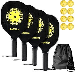 Amicoson Pickleball Set - 4 Paddles With Ergonomic Cushion Grip, 8 Indoor & Outdoor Balls, Wood Rackets, Carry Bag