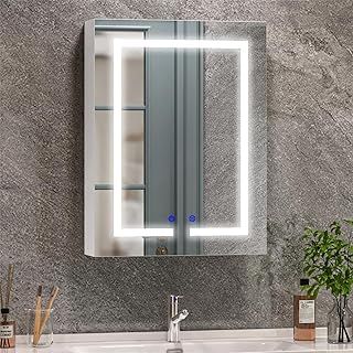 LED Bathroom Mirror Cabinet, 500 x 660 mm Illuminated Bathroom Cabinet Mirror with 3 Colors Dimmable Lights, Shaver Socket, Demister Pad and Touch Sensor