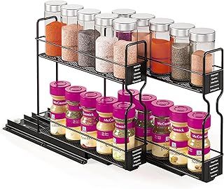 Spice Rack 2 Tier Pull Out Spice Rack for Inside Cupboard, Black Kitchen Spice Rack Organiser Vertical Slide Out Cabinet Caddy Organiser Rack Metal Seasoning Rack Free Standing