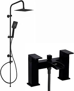 ENKI, Plaza, BBT0273, Matte Black Square Waterfall Bath Shower Mixer Tap with Rigid Riser Shower Rail Kit, Square Ultra Slim Shower Head