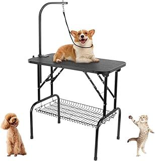 GRANDMA SHARK Dog Grooming Table, 32'' Foldable Pet Grooming Table with Adjustable Fixed Arm and Mesh Storage Basket Maximum Capacity 100KG (Single Tether)