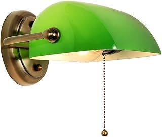 FIRVRE Green Glass Bankers Wall Light Classic Retro Wall Lamp Vintage Brass Pull Chain Switch Nightstand Bedside Light for Home Office Bedroom Study