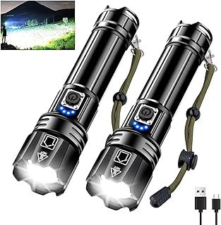 Torches LED Super Bright, 600000 High Lumens Rechargeable Torch, Powerful Torch XHP70.2 with 6 Modes & Zoomable & IPX7 Waterproof, for Camping, Hiking, Emergencies(2 Pack)