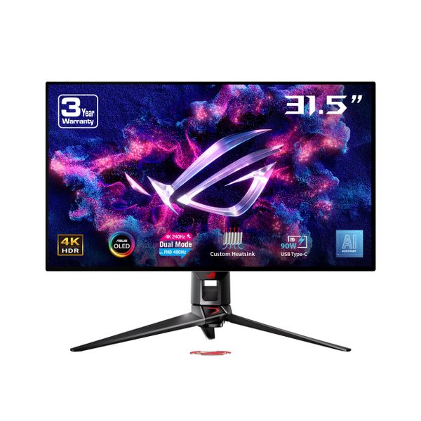 ASUS ROG Swift 32” 4K OLED Gaming Monitor (PG32UCDP) - WOLED, Dual Mode (4K 240Hz, FHD 480Hz), 0.03ms, G-SYNC Compatible, Custom Heatsink, AI Gaming, 99% DCI-P3,True 10-bit, USB-C 90W, 3yr Warranty