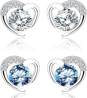 Silver Stud Earrings for Women, Stud Earrings White Gold Cubic Zirconia Heart Studs│Dainty Earrings Jewellery Gifts for Girls