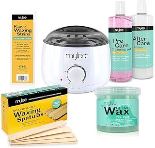 Mylee Complete Waxing Kit, Includes Salon Quality Wax Heater, Soft Cream Wax, Waxing Strips, Spatulas and Mylee Pre & After Care Lotion (Tea Tree)