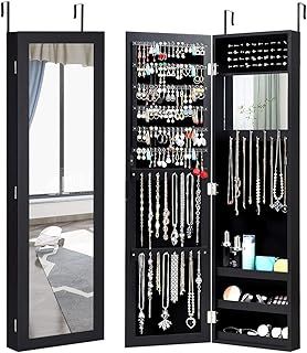 2-in-1 Jewelry Cabinet, Wall-mounted Jewellery Organizer with Full Length Mirror & Built-in Mirror, Makeup Storage Armoire for Bedroom Dressing Room (Black)