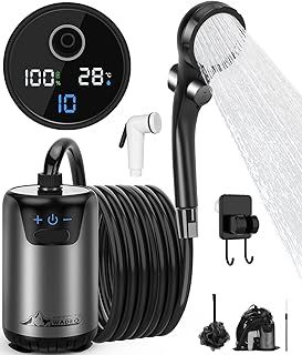 WADEO Upgraded Portable Shower with Dual Digital Display, 6000mAh Camping Shower with 10 Gear & Wider Bottom Suction, Outdoor Shower with 3H Long-lasting Rechargeable Battery & 3-in-1 Hook, Type C