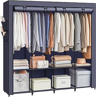 SONGMICS Clothes Wardrobe, Portable Closet, Garment Organiser Rack with 4 Hanging Rails, Shelves, 4 Side Pockets, 45 x 170 x 167 cm, Large Capacity, Dark Blue RYG094I02