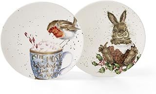 Royal Worcester Wrendale Deigns 16cm Festive Coupe Plate Robin and Bunny Set of 2