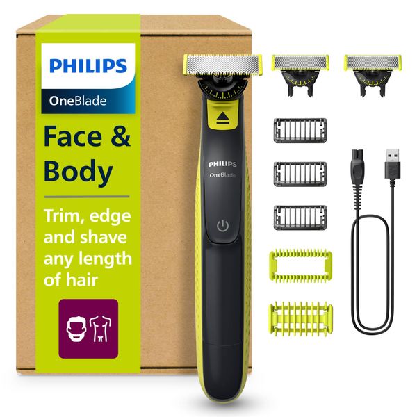 Philips OneBlade Hybrid 360 Blade Technology Electric Shaver for Face & Body, Beard Trimmer/Groomer with 3 x 360 Blade, 3 x Stubble Comb (1,3,5mm) & 1x Body Kit, Model QP2824/31