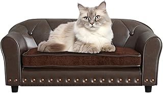 Luxury PU Leather Pet Sofa Chair/Comfortable Dog Couch with Suede Cushion for Small Dogs/Cats/Brown Wooden Frame