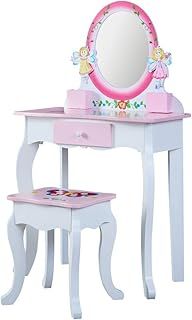 Children's Dressing Table | Kids Vanity Table Set with Stool & Mirror for Girls Makeup | Wooden Child Vanity Tables Set with Drawer (Pink)