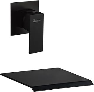 PHASAT Black Wall Mounted Bath Taps Brass Waterfall Basin Mixer Taps with 20cm Wide Spout Bath Filler Taps BB02E