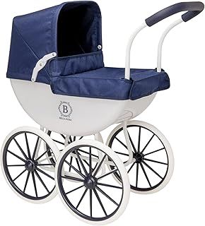Bella Rosa My First Carriage Pram | Traditional Style Carriage Dolls Pushchair | Premium English Traditional Push Along Pram With White Wheels & Matching Bedding | Ages 3+