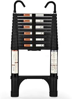 HBTower Telescopic Ladder with Non-Slip Feet and Hooks, 3.8M/12.5FT Thickened High-Strength Aluminum Extendable ladders, Adjustable Height Collapsible Ladder for Caravans lofts, Indoors and Out,Black