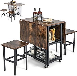 3 PCS Folding Dining Table and Stools Set, Drop Leaf Dining Room Set with 2-Tiers Storage Shelves & 6 Wheels, Space-Saving Kitchen Table and Chairs Set for Home Living Room Pub