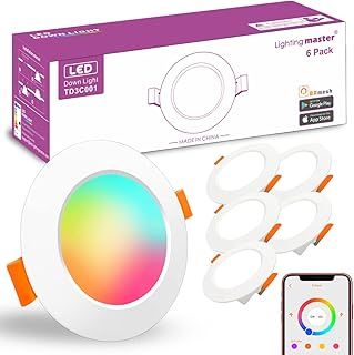 Led Downlights for Ceiling 3 inch 7W for Alexa，Bluetooth Smart Ceiling Spotlights by APP Control，Recessed Lights Warm to Daylight White Dimmable - Colour Changing RGB Lights (Cutout φ68-85mm) 6pack