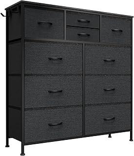 Chest of Drawers, 10-Drawer Fabric Dresser with Wood Top & Metal Frame, Sturdy Storage Organizer for Bedroom, Kids Room, Living Room, Closet - Easy Assembly (Black Grey)