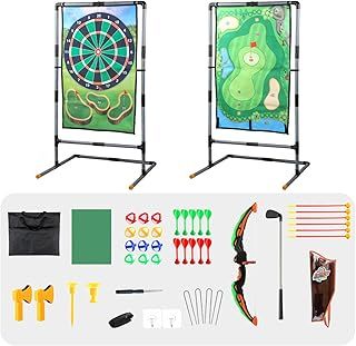 Warmiehomy Kids Golf Game Set, Double-Sided Sticky Golf Darts Practice Mat with Stand, 12 Sticky Balls, 1 Golf Club, 10 Darts, 2 Axe and Archery Set, Indoor Outdoor Golf Toy, Gift for Adults and Kids