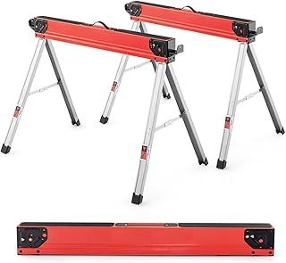 COSTWAY Folding Saw Horse Twin Pack, Heavy Duty Workbench with Flip-Down Pegs, 2 x 4 Support Arms, Non-Slip Pads & Surface, Fully Assembled Metal Trestle Stands Sawhorse, Each Max Load 500kg (Red)