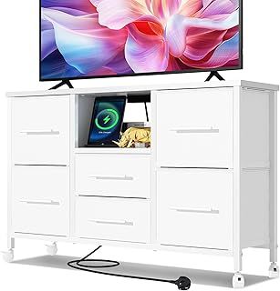Chest of Drawers, Dresser for Bedroom with 6 Drawers, 43.3'' Long TV Stand with Outlet, Clothes Storage Unit with 4 Castors, Fabric Drawers, Metal Frame
