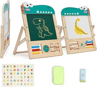 Mini Easel Kids Wooden Art Easel Foldable Desktop Drawing Board Double-Sided Whiteboard & Chalkboard Wooden Art Easel Standing Easel for Boys Girls 3 4 5 6 7 8 Years (Dinosaur)