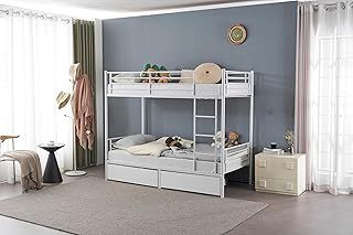 Twin Over Twin Bunk Bed, Bunk Beds for Adults Kids Bunk Bed with 2 Drawers Double High Sleeper Bed with Ladder ＆ Guard Rails, Heavy Duty Metal BunkBeds for Teens - No Box Spring Needed, White