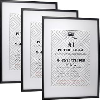 Black A1(59.4x84.1cm) Gallery Picture Frames Set of 3 with Mounts for A2(41x58.4cm), A1 boxed photo frames 3pack,A1 Poster Frame with Mount for A2 photo