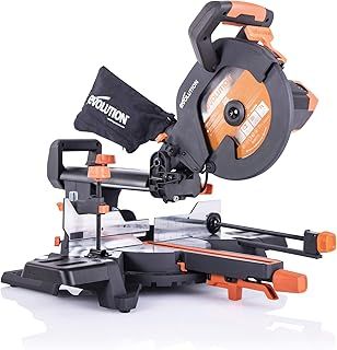 Evolution Power Tools R255SMS+ Compound Mitre Saw with Multi-Material Cutting Blade, Chop Wood Metal Plastic, 45° Bevel, 50° Mitre Angle, 300mm Slide, 2000 W, 255 mm, 220-240 V