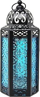 VELA LANTERNS Moroccan Candle Lantern Decorative Candle Holder Lamp for Indoor Outdoor, Ramadan, Home Decor, Patio, Weddings, Black Metal, Blue Glass, Medium Lantern