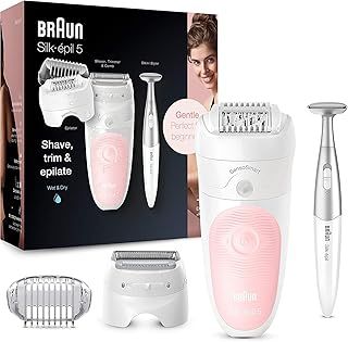 Braun Silk-épil 5 Epilator For Hair Removal, 3 In 1, Includes Shaver & Trimmer Head, Cordless, Gentle Hair Removal Setting, Wet & Dry, 100% Waterproof, 2 Pin Bathroom Plug, 5-820, White/Pink