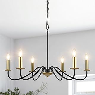 Black and Gold Chandelier Lighting, 6 Lights Metal Pendant Light Fixtures Industrial Chandeliers Ceiling Light for Living Room Kitchen Dining Room Bedroom Hall, Height Adjustment