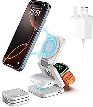 Foldable 3 in 1 Wireless Charging Station for Apple, Magnetic Wireless Charger, Travel Fast Charger Stand for iPhone 16/15/14/13, for Watch 10/9/Ultra2/Ultra/8/7/6/SE/5/4, for AirPods 4/3/2/Pro